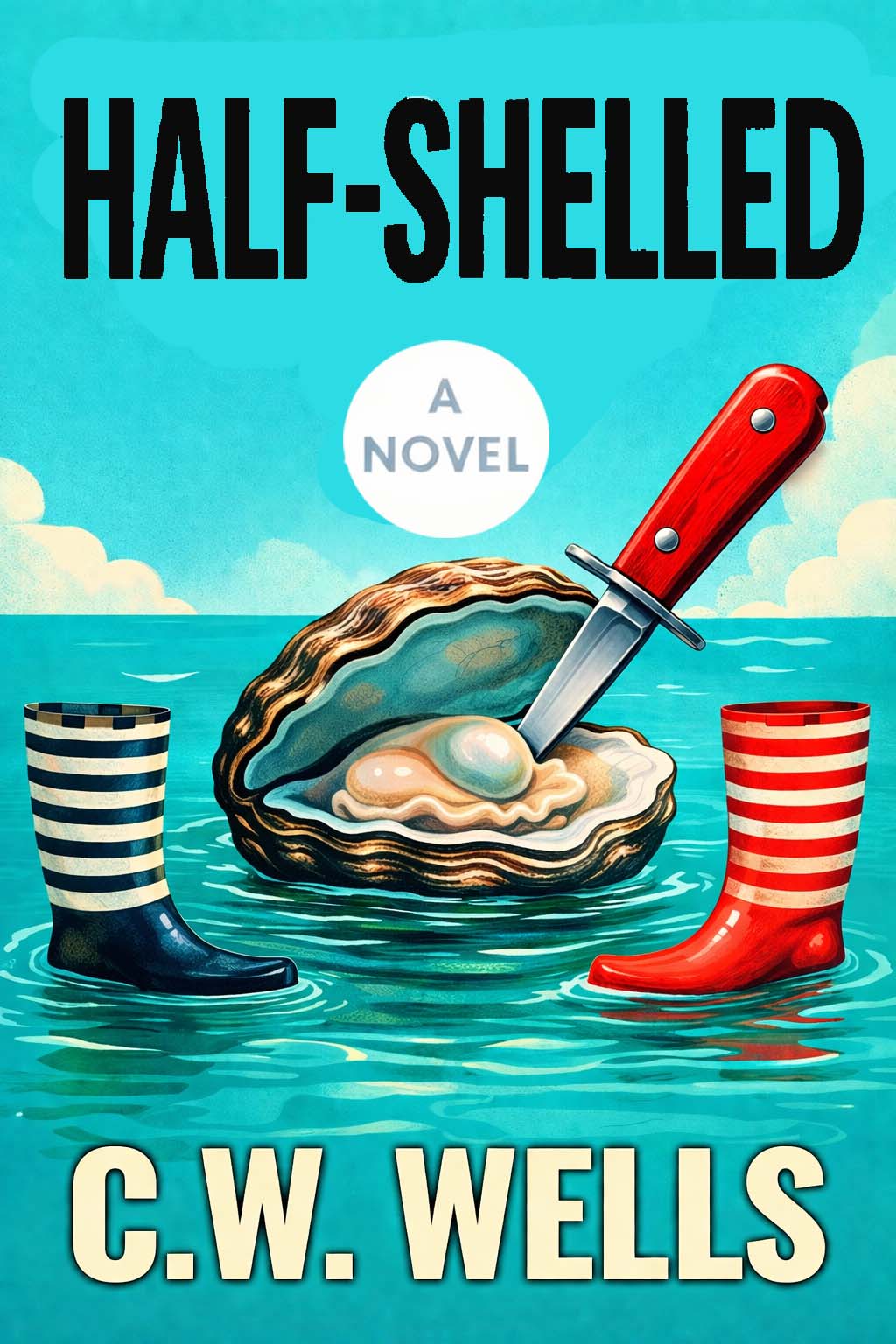Cover design for Half-Shelled, a satirical Maine oyster-farming novel by C.W. Wells, featuring the bold title text in a vibrant, distressed font above a close-up graphic of a textured oyster shell sitting on a weathered wooden dock against a coastal ocean backdrop.