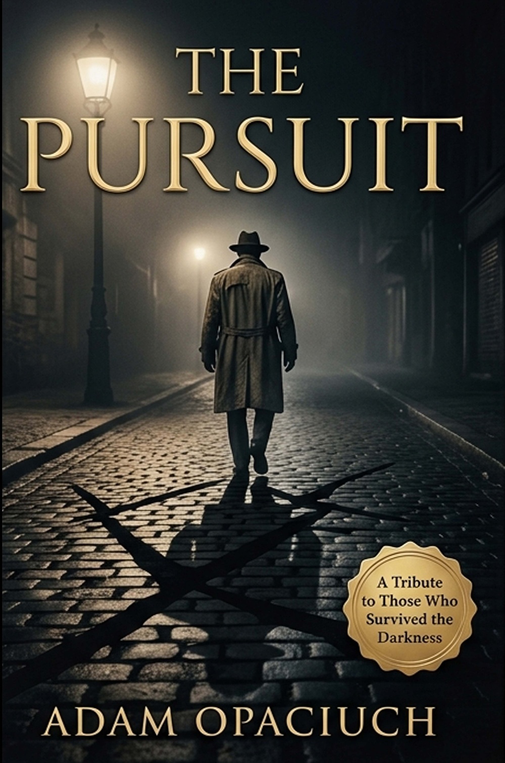 Neo-noir crime fiction book cover: The Pursuit by mystery author Adam Opaciuch. The thriller cover art depicts a lone gunman in silhouette walking through a wet, dark urban alleyway with dramatic red and blue neon lighting reflections.